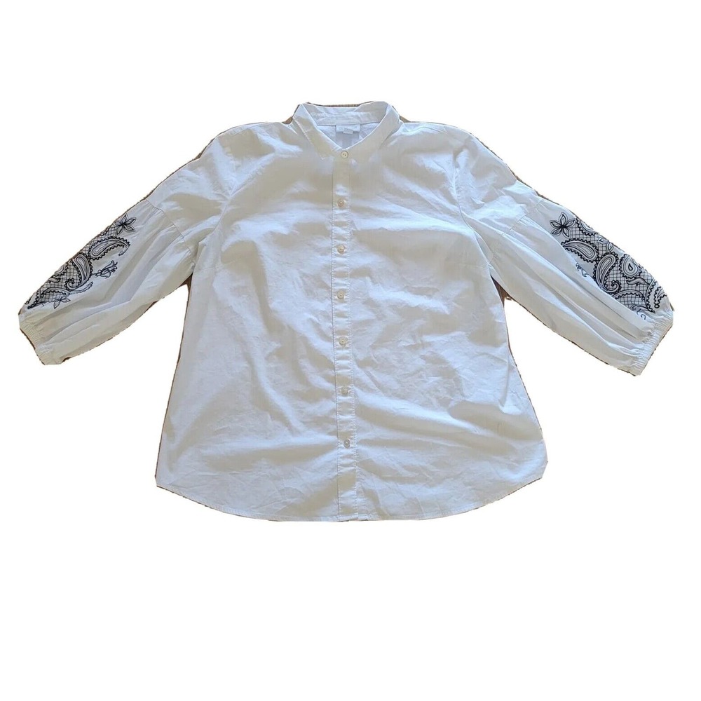 J Jill Top Shirt Womens Large White Black Embroidery Balloon Sleeve Career Basic
